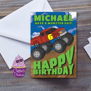 子供向けモンスタートラック誕生日カード、名前と年齢をパーソナライズ、息子、孫、甥、車好きの男の子向けのモンスタートラックパーティー