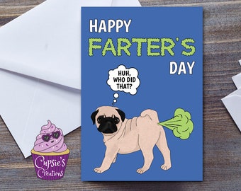 Happy Father's Day, grappige scheten mopshond, Happy Farter's Day, hond papa, mopshond papa kaart