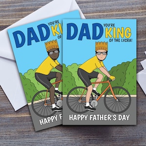 Tarjeta divertida para el Día del Padre con un ciclista - El rey del juego de palabras con licra - Tarjeta para él - Tarjeta de felicitación grande A5 y sobre impresa en el Reino Unido