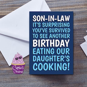 Carte d'anniversaire gendre drôle de la belle-famille, blague mauvaise cuisine de sa fille - grande carte gendre A5