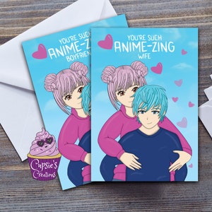 Linda tarjeta de aniversario o día de San Valentín de pareja de anime para novia o novio - Regalo para amantes del manga japonés - Tarjeta de felicitación grande A5