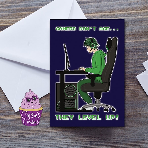 Gamers Don't Age They Level Up Birthday Card - PC Player Anime Boy - Manga Birthday Card - Video Game Geek - Gaming Birthday Card For Him