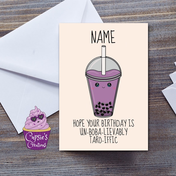 Cute Birthday Card For A Friend, Taro Boba Bubble Tea, Kawaii Milk Tea Card For Daughter, Granddaughter or Sister, Personalised Card For Her