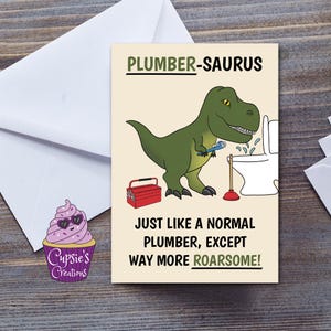 Tarjeta de fontanero - Fontanero-Saurio - Tarjeta divertida - Tarjeta de cumpleaños - Regalo de cumpleaños de fontanero - Humor de broma de dinosaurios - Tarjeta de felicitación grande A5