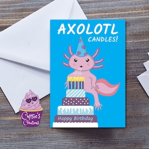 Tarjeta de cumpleaños Axolotl, tarjeta Kawaii Axolotl, tarjetas de cumpleaños divertidas, velas de pastel de cumpleaños, salamandra de regalos Axolotl, tarjeta grande A5