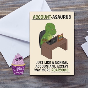 Tarjeta de contable - Account-asaurus - Tarjeta divertida - Tarjeta de cumpleaños - Regalo de cumpleaños de contable - Humor de broma de dinosaurios - Tarjeta de felicitación grande A5