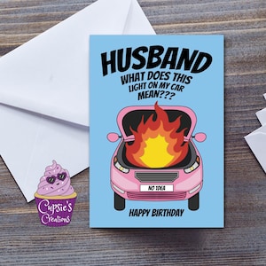 Tarjeta de feliz cumpleaños para mi esposo: "¿Qué significa esta luz de mi auto?" Problemas graciosos con el auto - Tarjeta de felicitación de mi esposa, impresa en el Reino Unido