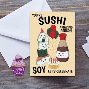 Tarjeta de feliz cumpleaños con rollo de sushi, tarjeta de cumpleaños divertida con juego de palabras de comida asiática Kawaii, Soy Let's Celebrate, tarjeta de felicitación grande A5