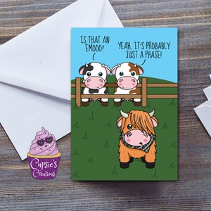 Tarjeta de cumpleaños de vaca emo, tarjeta de felicitación divertida para un mejor amigo, regalo para ella, linda tarjeta doblada de animal de vaca de las tierras altas
