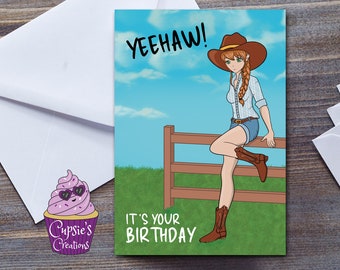 Cowgirl Birthday Card | Yeehaw! It's Your Birthday | Anime Style Greeting Card