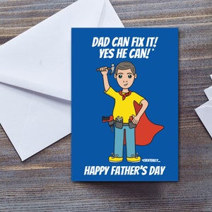 Tarjeta del Día del Padre, divertida tarjeta DIY de papá superhéroe / Papá puede arreglarlo, eventualmente... / Tarjeta divertida y sarcástica del Día del Padre para papá