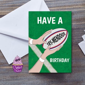 TARJETA DE CUMPLEAÑOS: Tarjeta de felicitación con temática de rugby, divertida tarjeta de cumpleaños para aficionados al rugby, tarjeta de la liga o unión de rugby para jugadores de rugby.