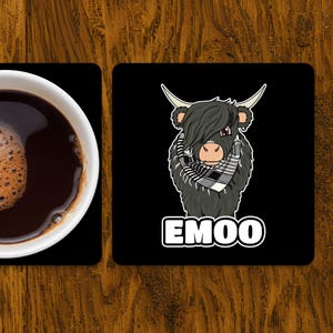 May include: Black and white cartoon illustration of a Highland cow with a black and white scarf, wearing a mohawk hairstyle. The text "EMOO" is below the cow.