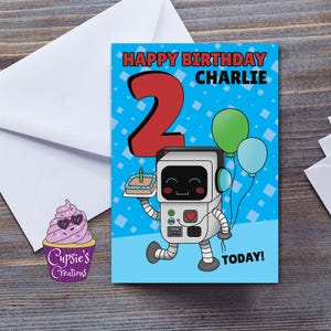 Tarjeta de cumpleaños de robot personalizada con nombre y edad para un niño, tarjeta de cumpleaños para niños