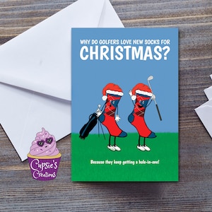 Tarjeta de Navidad divertida - Tarjeta de Navidad para golfista - Tarjeta de Navidad de golf - Hoyo en uno - Tarjeta de calcetines de Navidad - Golf - En el Reino Unido Tarjeta de 7x5"