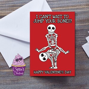Tarjeta divertida para el día de San Valentín: juego de palabras con esqueletos que saltan sobre tus huesos