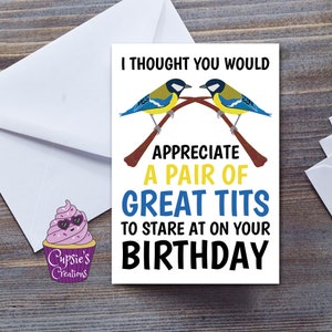 Tarjeta de cumpleaños grosera para un observador de aves, divertida tarjeta de felicitación para carboneros.