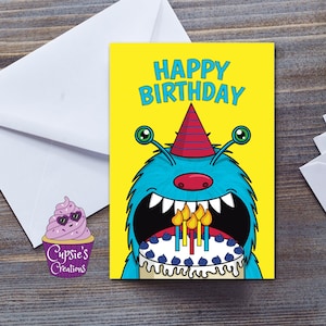 Carte d'anniversaire amusante pour enfants - Monstre en dessin animé - Taille : 7 x 5 pouces ou grand A5