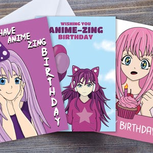 Tarjetas de cumpleaños de chica de anime - Paquete de 3, tamaño A6 - Lindas tarjetas de cumpleaños para ella - Tarjeta de felicitación de estilo kawaii - Paquete de tarjetas de cumpleaños en paquete múltiple