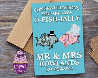 Personalised Wedding Day Congratulations Card, Funny Officially Mr & Mrs Fish Joke, Marriage, Newly Weds, Size 6x4, 7x5 or A4 Card