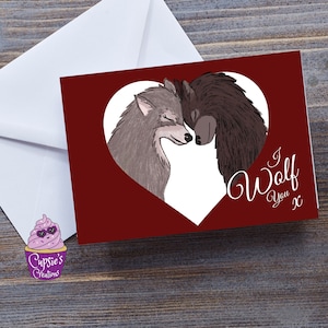 Te amo tarjeta de amor para el día de San Valentín, aniversario o cumpleaños, te amo lindos lobos románticos en un corazón de amor, tarjeta grande en blanco A5