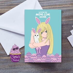 Tarjeta de Pascua feliz, chica anime y conejito de Pascua con huevos de Pascua de chocolate, tarjeta grande A5