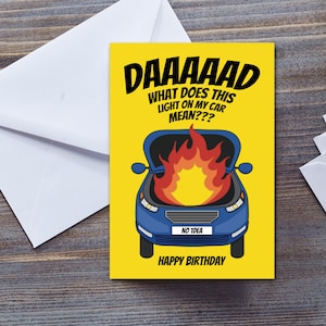 Tarjeta de feliz cumpleaños para papá: "¿Qué significa esta luz de mi coche?" Problemas graciosos con el coche. Tarjeta de felicitación de mi hija o hijo, impresa en el Reino Unido.