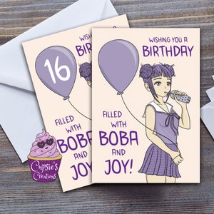 carte d'anniversaire de thé aux perles de Boba | Style artistique manga fille violette | Cadeau pour amateur d'anime | carte postale pour elle | Grande carte de voeux A5 du Royaume-Uni