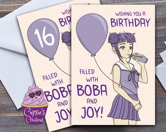 Boba Bubble Tea Birthday Card | Purple Girl Manga Art Style  | Gift For Anime Lover | Card For Her | Large A5 Greeting Card From The UK