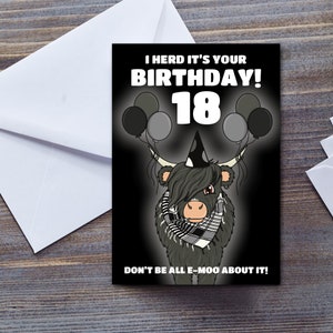 Carte d'anniversaire emo - tout âge ou anniversaire important - jeu de mots vache drôle - carte d'anniversaire gothique - noir - grande carte de voeux A5