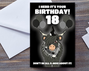 Funny Birthday Card (Any Age) Cow | Heard It's Your Birthday Emo Joke | 18th Birthday Card | 30th Birthday Card | Unique Goth Cow