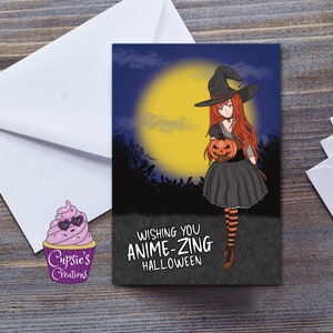 Tarjeta de feliz Halloween - Deseándote Anime-Zing Halloween - Linda tarjeta de felicitación de bruja de chica anime para ella