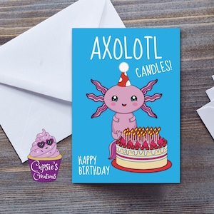 Tarjeta de cumpleaños Axolotl, tarjeta Kawaii Axolotl, tarjetas de cumpleaños divertidas, velas de pastel de cumpleaños, salamandra de regalos Axolotl, tarjeta grande A5