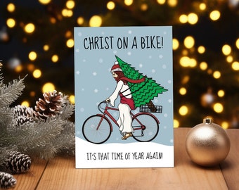 Divertente biglietto di Natale, Cristo in bicicletta È già Natale di nuovo, Biglietto d'auguri di dicembre / Dimensioni: 7x5" o grande A5