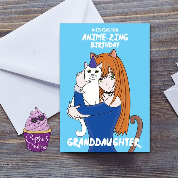 Anime Granddaughter Birthday Card - Manga Birthday Card - Kawaii Cat Japanese Anime For Granddaughter - Gift For Anime Lover Birthday Card