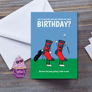 Carte d’anniversaire de golf drôle, carte d’anniversaire pour golfeur, carte de blague de golf, trou en un, carte de chaussettes de golf, grande carte A5