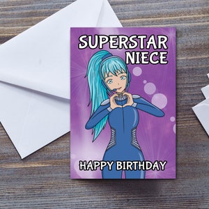 姪っ子へのアニメバースデーカード | スーパースター姪っ子 | 姪っ子への誕生日プレゼント | 女の子向けのかわいいカード