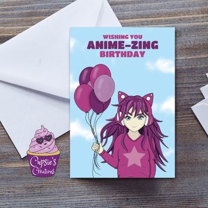 Carte d'anniversaire fille anime pour femme, carte de voeux kawaii pour elle, cadeau manga pour fille ou amie, fille aux cheveux violets avec des ballons