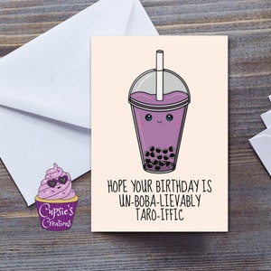 Linda tarjeta de cumpleaños para una amiga, té de burbujas Taro Boba, té con leche kawaii, tarjeta para ella - Tamaño pequeño A6 Reino Unido