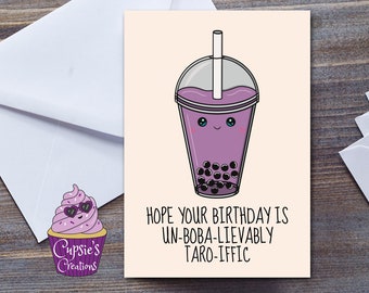 Cute Birthday Card For A Friend, Taro Boba Bubble Tea, Kawaii Milk Tea, Card For Her - Small A6 UK