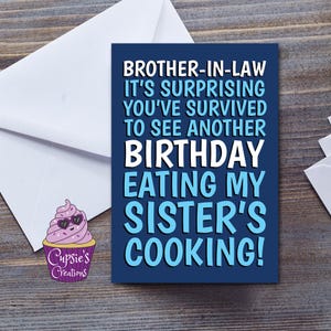 Tarjeta de cumpleaños divertida para mi cuñado: Sobreviví a la broma culinaria de mi hermana - Tarjeta grande A5 para mi cuñado