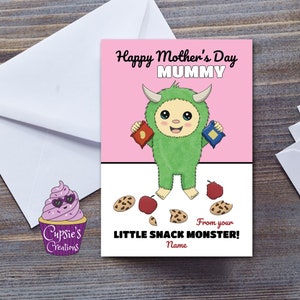 Tarjeta personalizada para el Día de la Madre, de "A Little Snack Monster", una divertida tarjeta de felicitación para mamá.