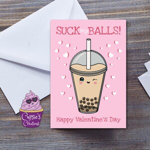 Tarjeta de San Valentín con té de burbujas Cheeky Boba - Bubble Tea Suck My Balls Pun - Tarjeta de San Valentín divertida para ella, esposa o novia