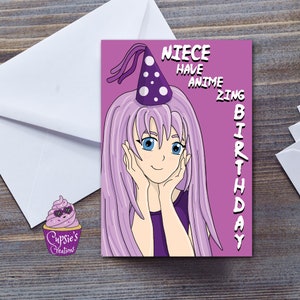 Tarjeta de cumpleaños de chica anime para sobrina, tarjeta de felicitación de feliz cumpleaños manga, mujer anime japonesa Kawaii, regalo para amante del anime, tarjeta grande A5