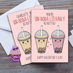 Linda tarjeta de San Valentín, increíblemente hermosa / Feliz día de San Valentín Tarjeta Boba Tea / Para bebedor de té de burbujas / Personalizado / Tamaño A5