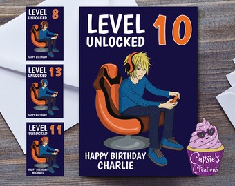 Carte d'anniversaire de joueur personnalisée : manga anime avec niveau débloqué