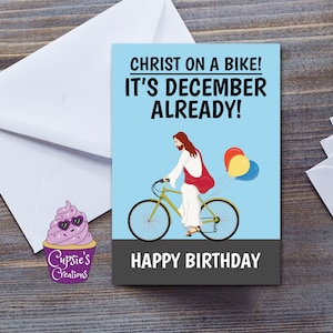 Carte d’anniversaire de décembre, carte drôle de Jésus-Christ, carte d’anniversaire de Noël, Christ sur un vélo, vélo push bike grande carte A5