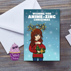 Lindo anime tarjeta de Navidad dibujos animados, tarjeta de felicitación manga para hija, sobrina o nieta - regalo para el amante del anime tarjeta de vacaciones de Navidad