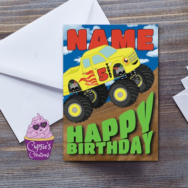 Monster Truck Birthday Card For Children Personalised Name And Age, Monster Truck Party For Son, Grandson, Nephew , Boys Car Lover