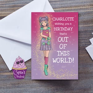 Tarjeta de cumpleaños de anime para ella, de otro mundo, tarjeta de felicitación personalizada con temática espacial para una niña
